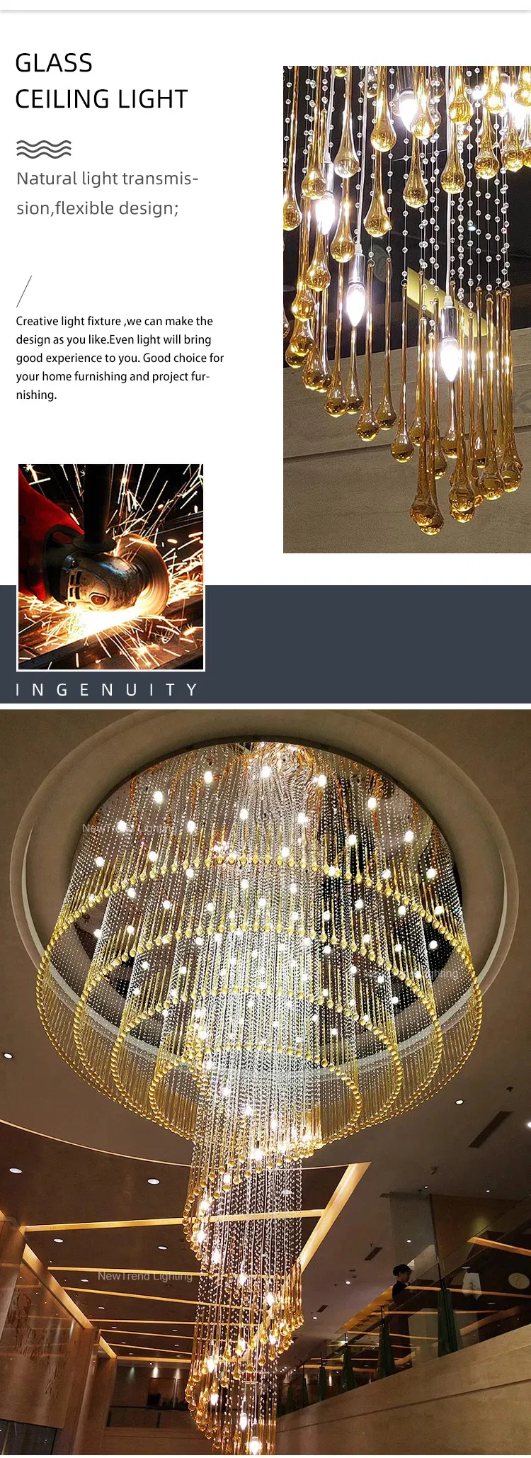 Luxury Style Custom Large Lighting Hotel Villa Hall Staircase LED Ceiling Chandelier