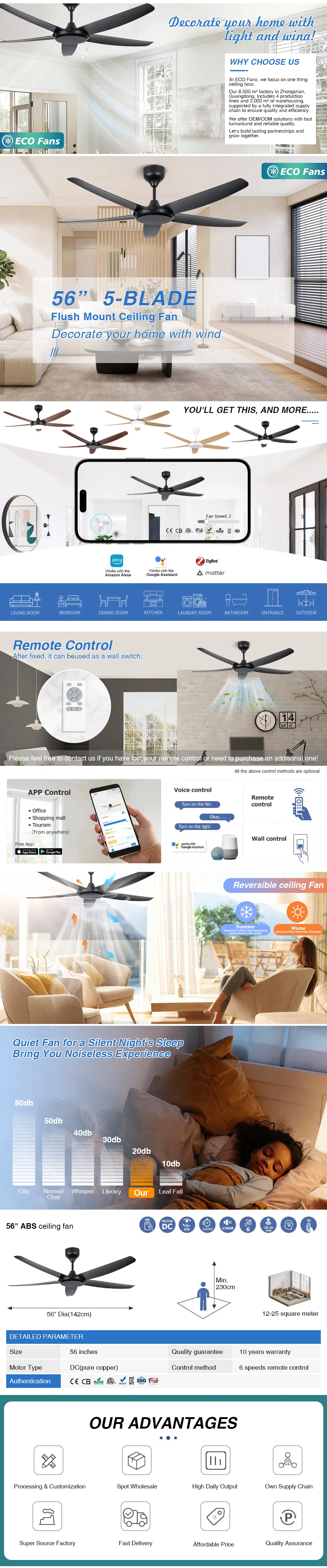 Low Noise DC Ceiling Fan with Light 6 Speed Adjustable Fan Light