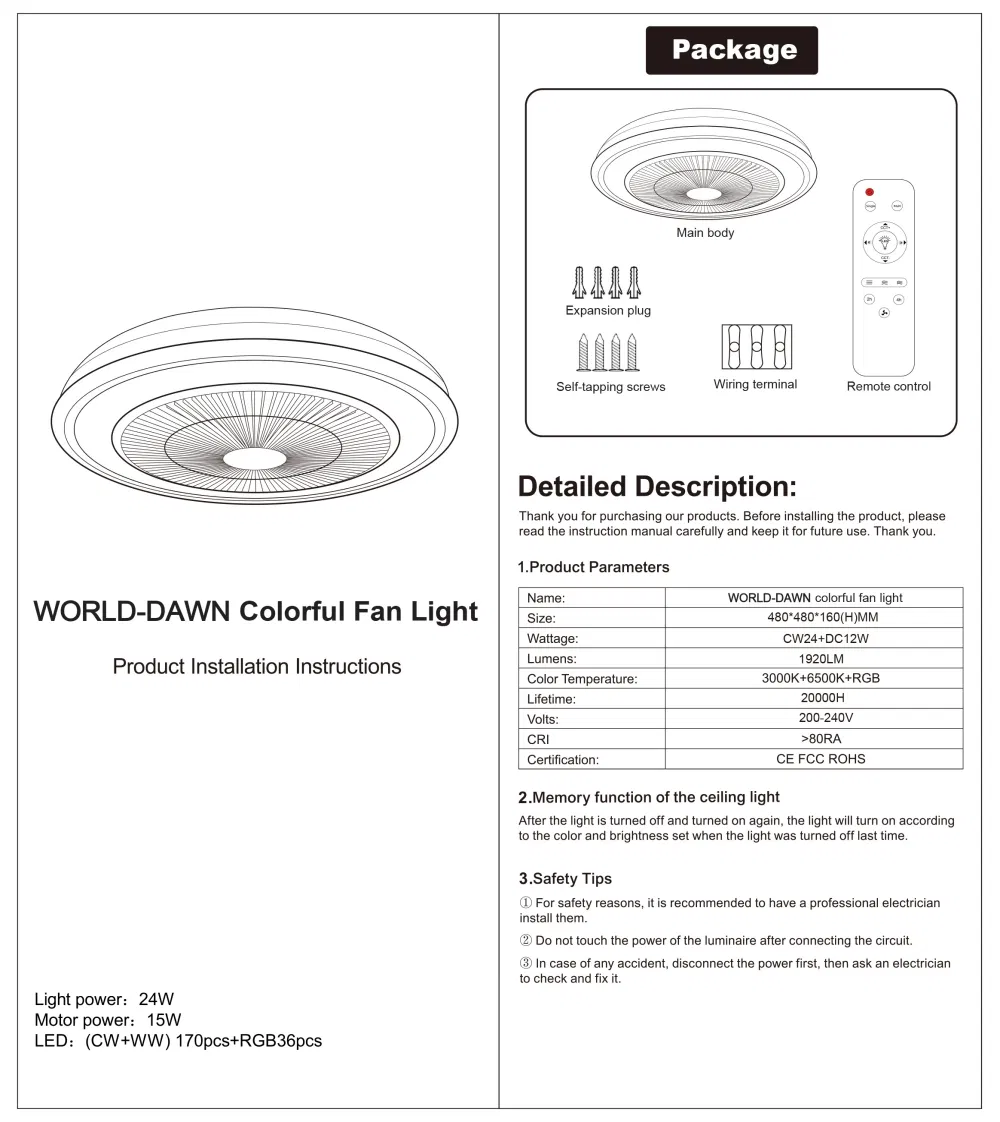 RGB Lighting 3CCT Dimmable 2.4G Remote Control Surface Smart Ceiling Fan Light
