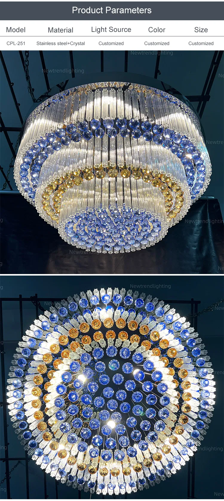 Professional Custom Indoor Hotel Decoration Lighting Luxury Crystal Ceiling Chandelier