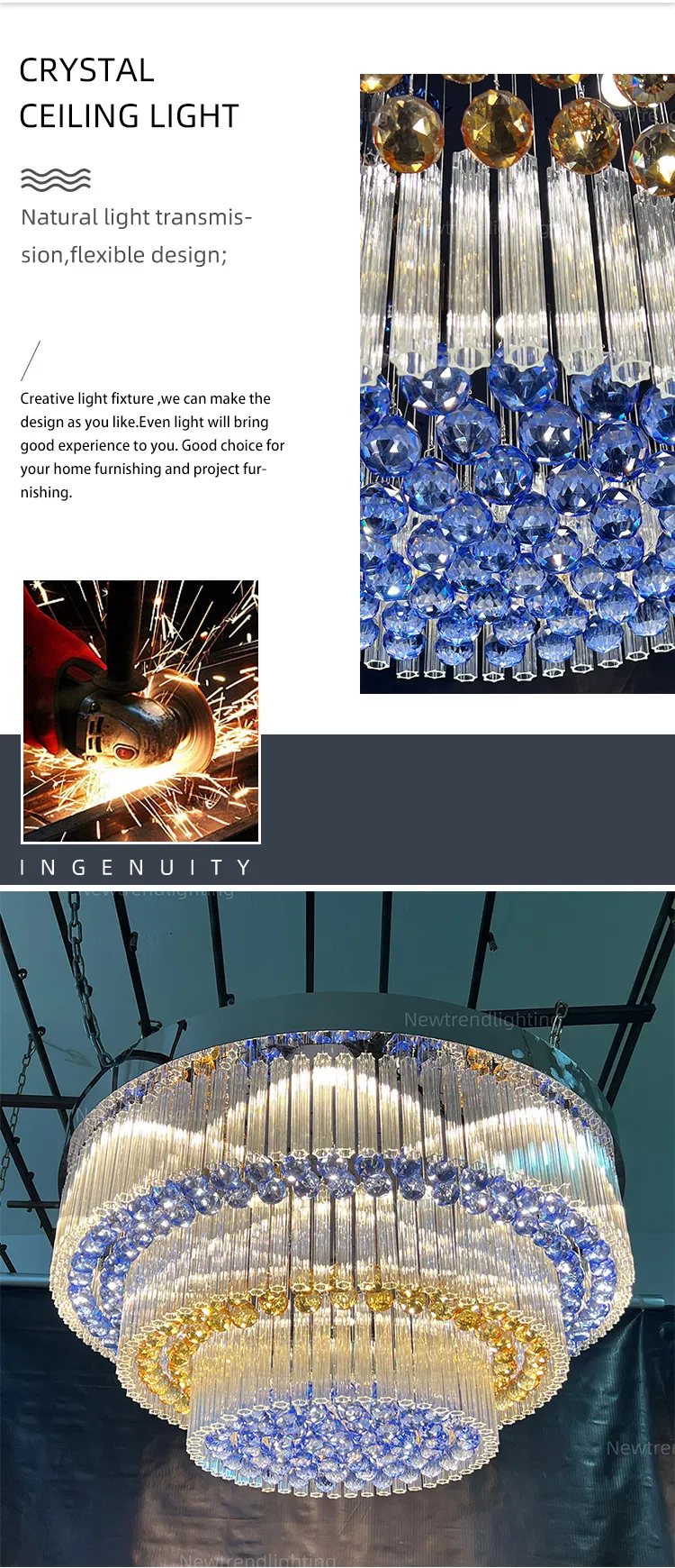 Professional Custom Indoor Hotel Decoration Lighting Luxury Crystal Ceiling Chandelier