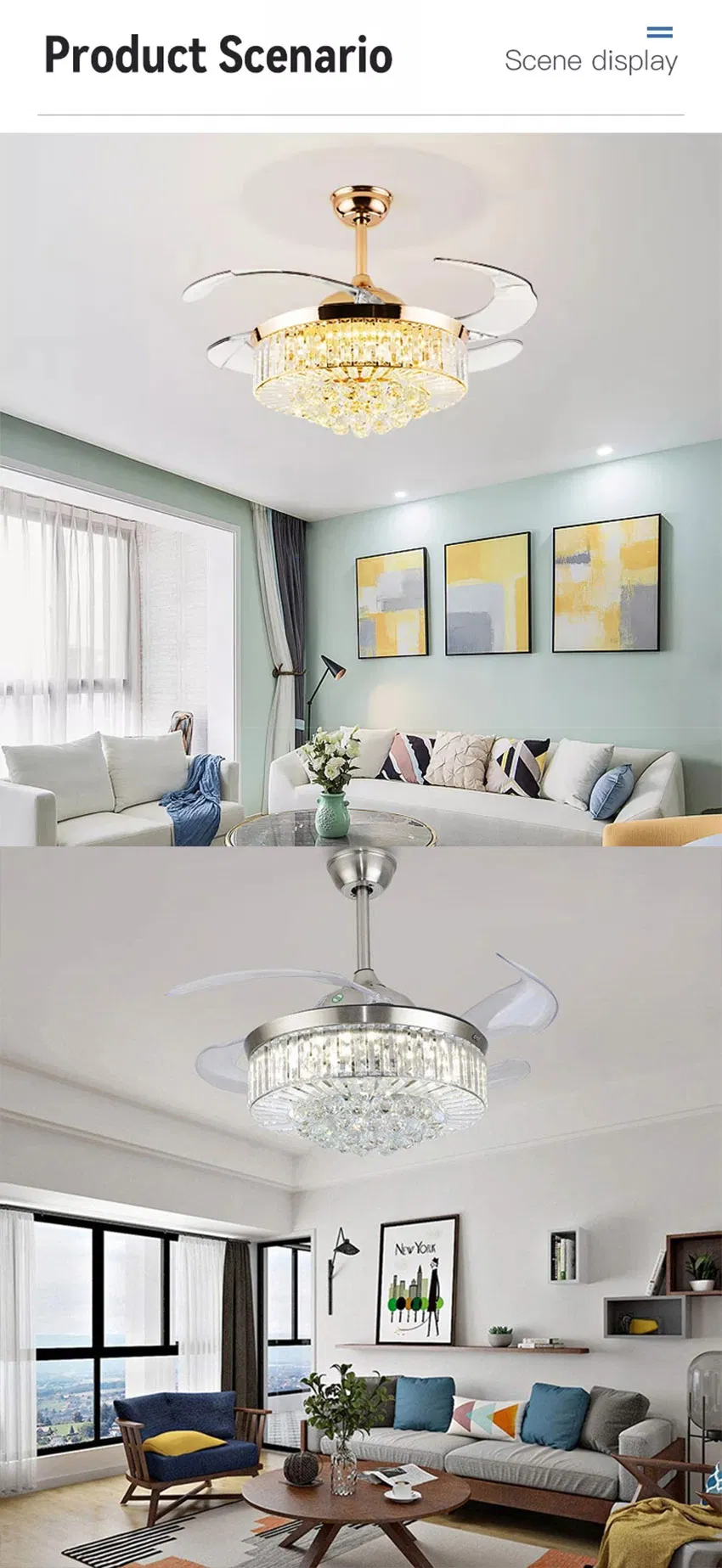 Modern Crystal Ceiling Fan Light Invisible Ceiling Lamp for Living Room