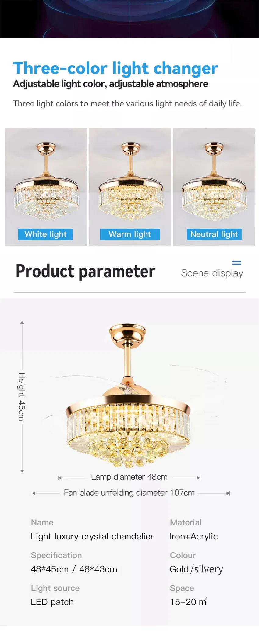 Modern Crystal Ceiling Fan Light Invisible Ceiling Lamp for Living Room