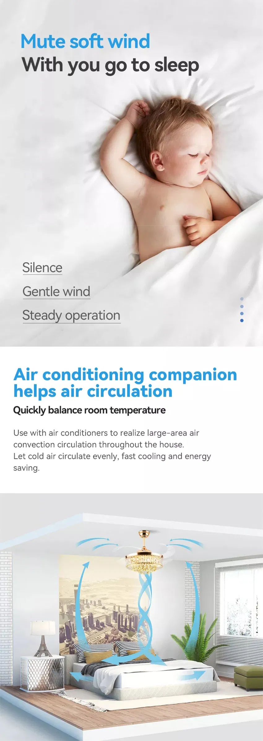 Modern Crystal Ceiling Fan Light Invisible Ceiling Lamp for Living Room