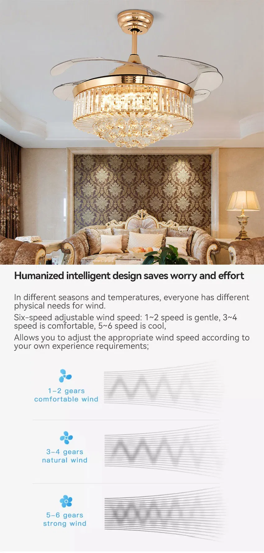 Modern Crystal Ceiling Fan Light Invisible Ceiling Lamp for Living Room