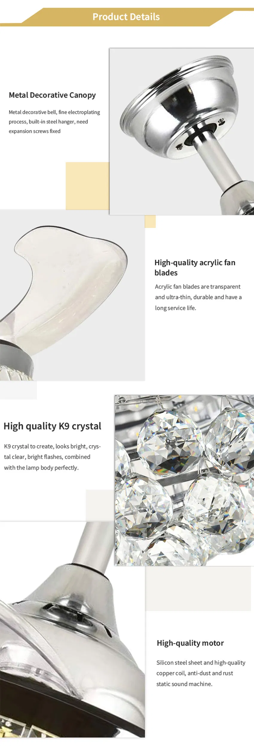 Modern Crystal Ceiling Fan Light Invisible Ceiling Lamp for Living Room