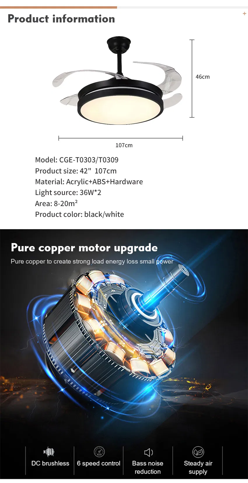 42 Inch Ceiling Fan with Light Remote Ceiling Fan for Living Room