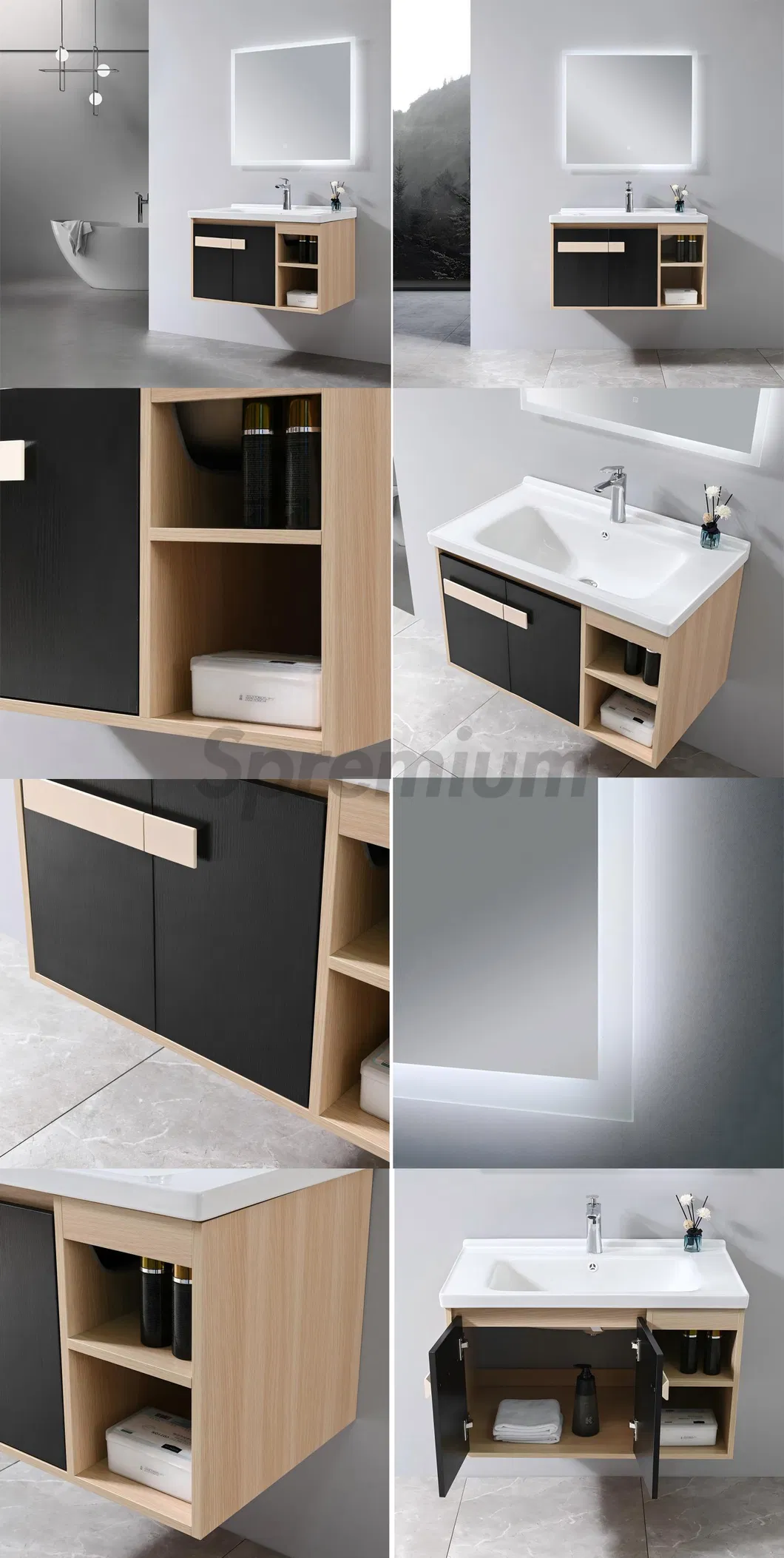 Modern Laminated Light Wood and Black Floating Bathroom Vanity with Mirror