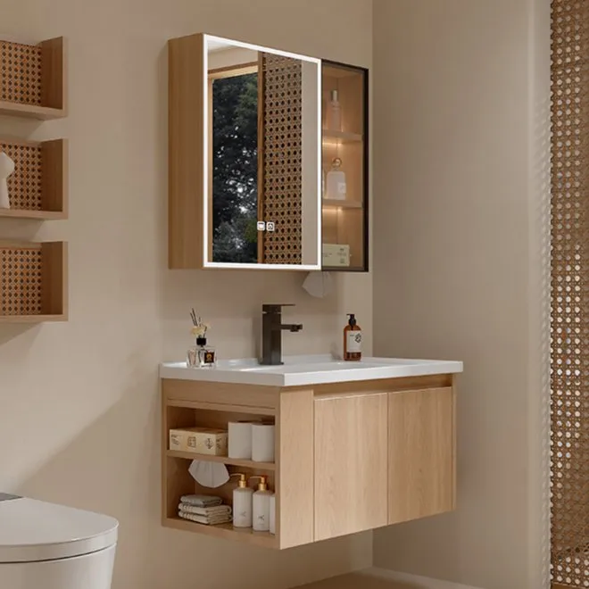 Hot-Selling Wood Color Bath Furniture Wall Hanging Mirror Bathroom Sink Cabinet