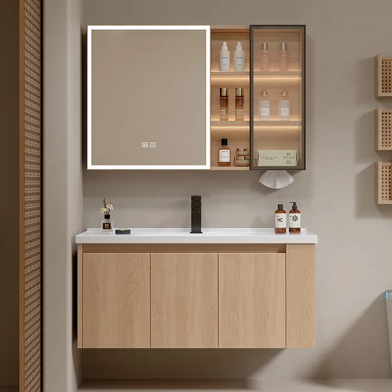 Hot-Selling Wood Color Bath Furniture Wall Hanging Mirror Bathroom Sink Cabinet