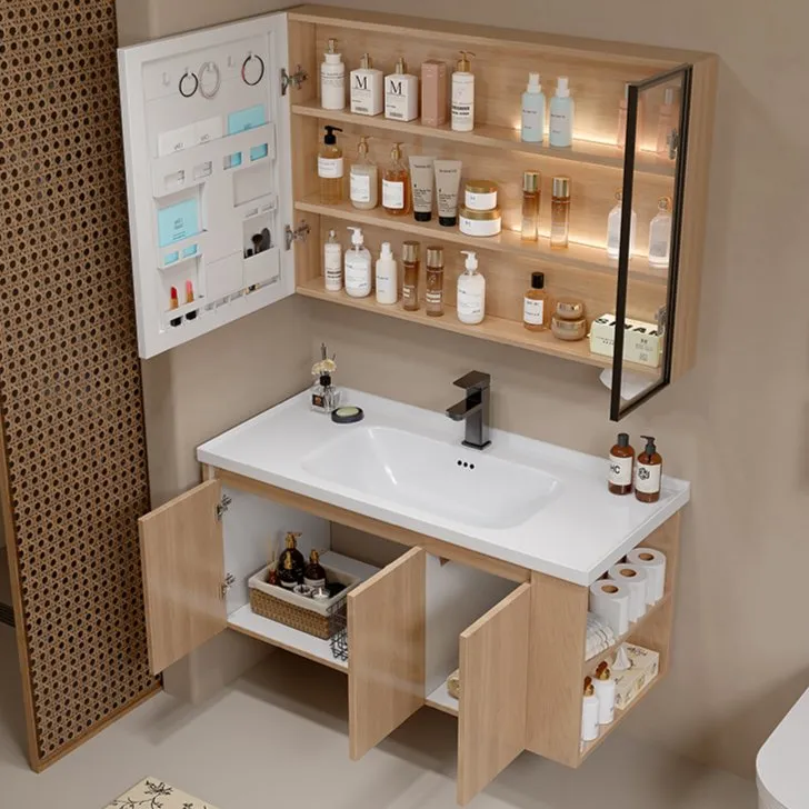 Hot-Selling Wood Color Bath Furniture Wall Hanging Mirror Bathroom Sink Cabinet