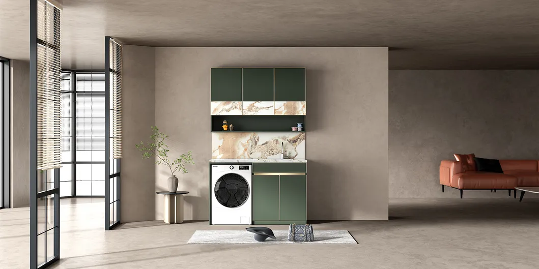 Compact Laundry Cabinet Tower with Vertical Washing Machine Slot and Detergent Storage for Tight Spaces