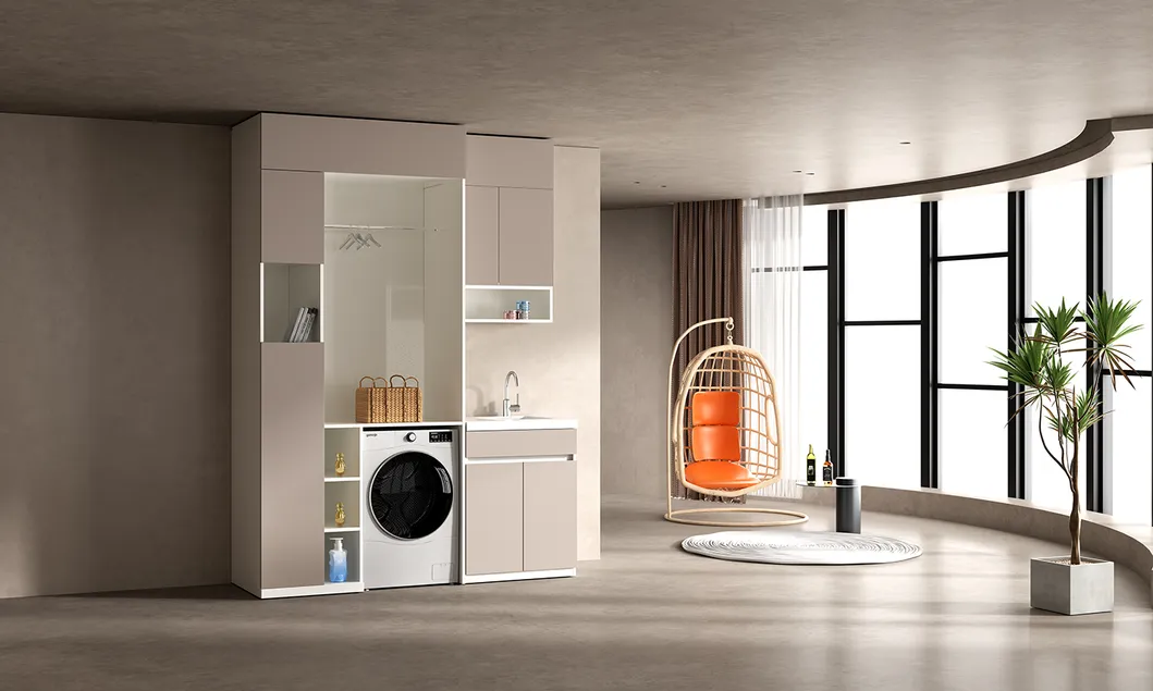 Compact Laundry Cabinet Tower with Vertical Washing Machine Slot and Detergent Storage for Tight Spaces