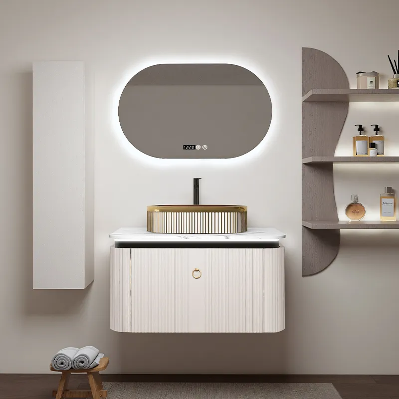 Modern Design Fluted Light Walnut Curve Bathroom Cabinet with LED Mirror for Hotel 2816-80