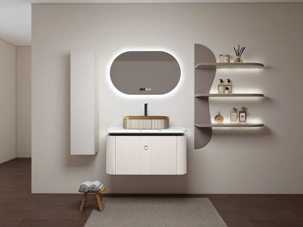 Modern Design Fluted Light Walnut Curve Bathroom Cabinet with LED Mirror for Hotel 2816-80