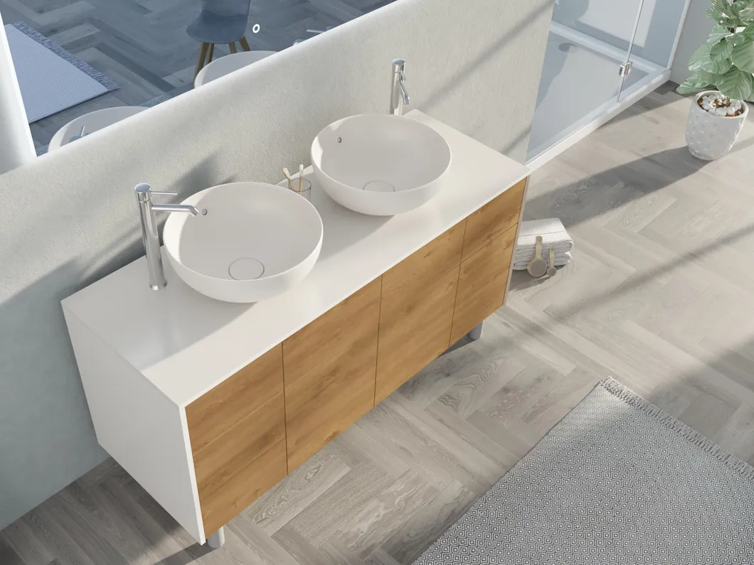 OEM Modern Style Luxury Storage MFC White Basin Cabinet with Mirror and Double Sink Bathroom Vanities for Hotel