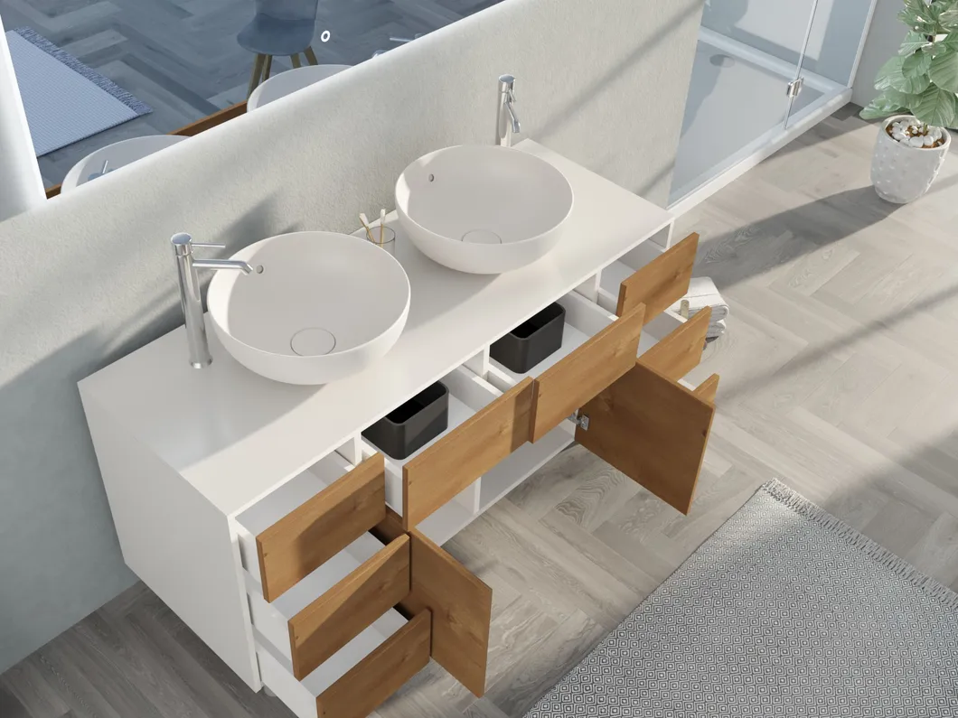 OEM Modern Style Luxury Storage MFC White Basin Cabinet with Mirror and Double Sink Bathroom Vanities for Hotel