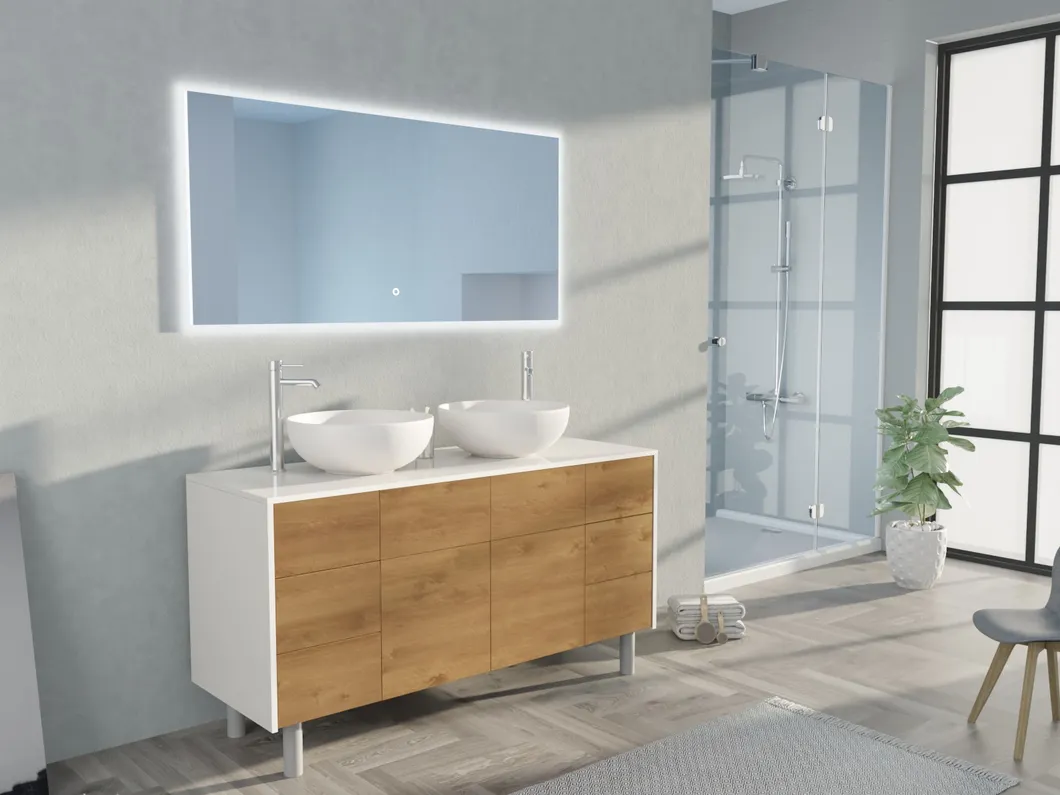 OEM Modern Style Luxury Storage MFC White Basin Cabinet with Mirror and Double Sink Bathroom Vanities for Hotel