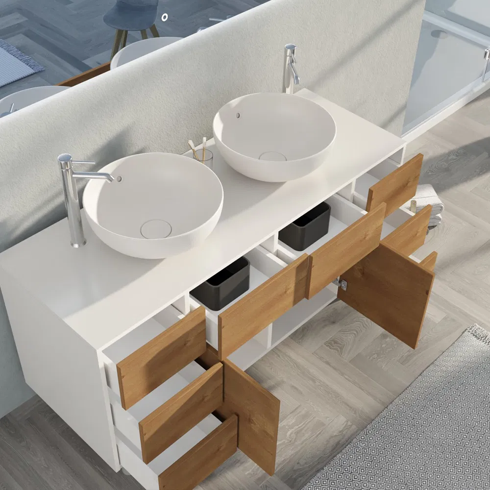OEM Modern Style Luxury Storage MFC White Basin Cabinet with Mirror and Double Sink Bathroom Vanities for Hotel
