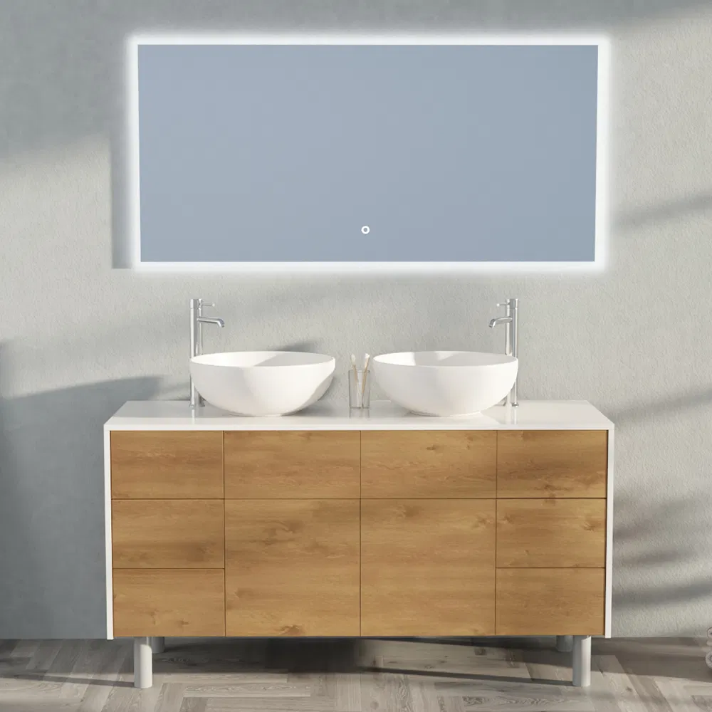 OEM Modern Style Luxury Storage MFC White Basin Cabinet with Mirror and Double Sink Bathroom Vanities for Hotel