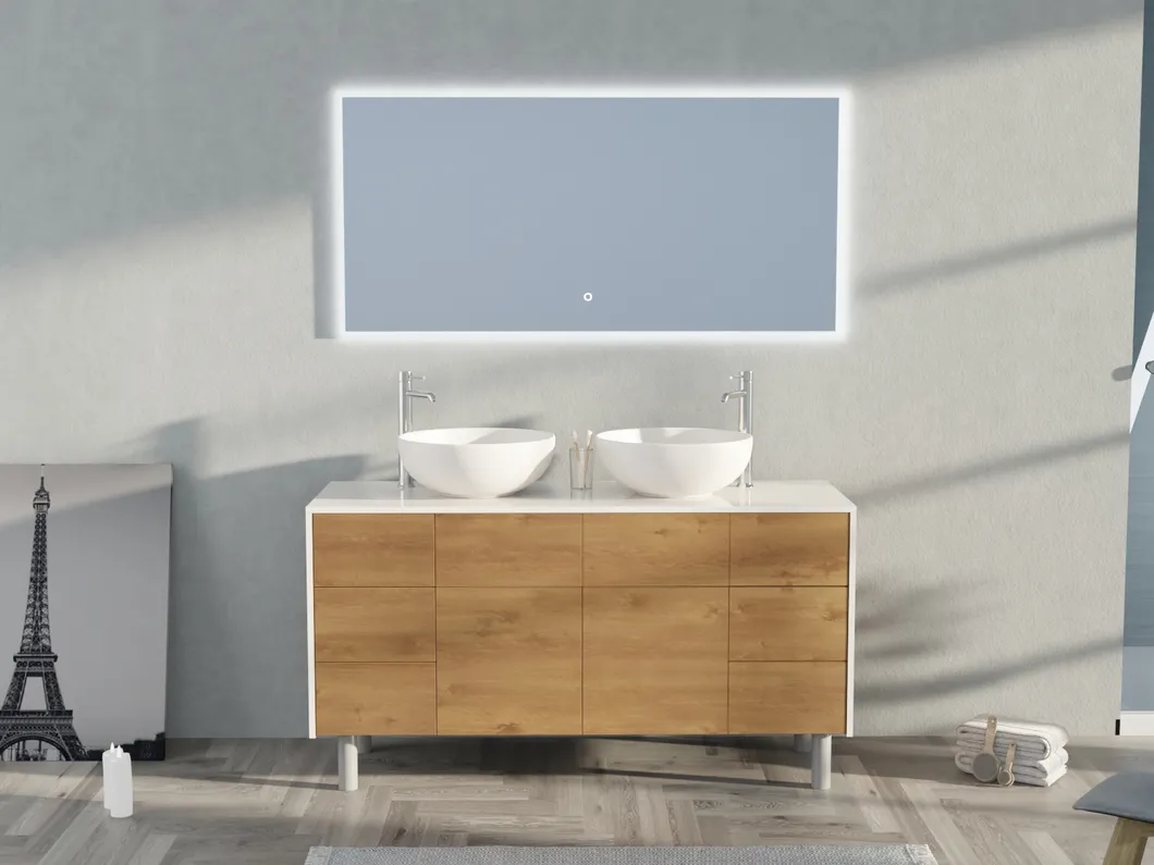 OEM Modern Style Luxury Storage MFC White Basin Cabinet with Mirror and Double Sink Bathroom Vanities for Hotel