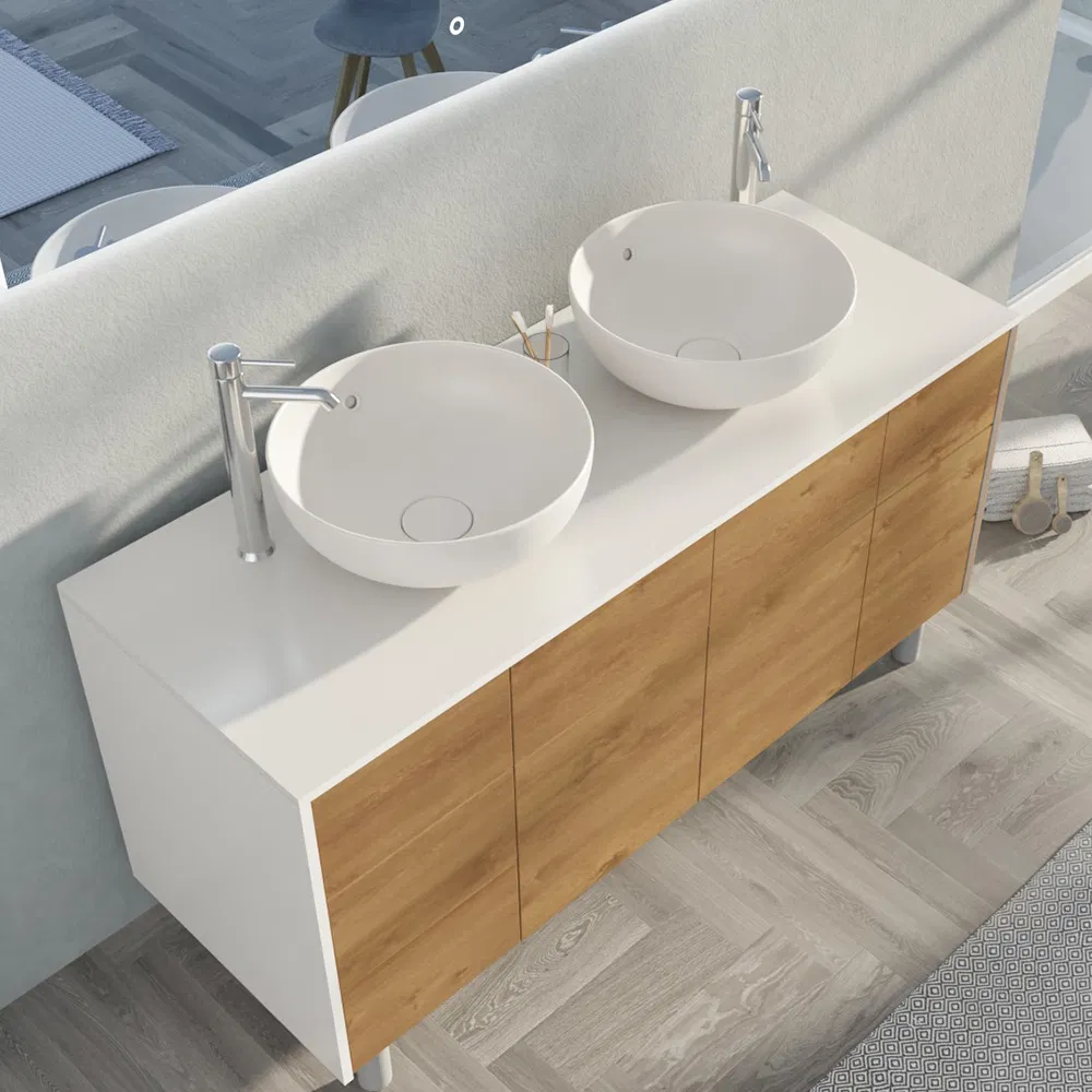 OEM Modern Style Luxury Storage MFC White Basin Cabinet with Mirror and Double Sink Bathroom Vanities for Hotel