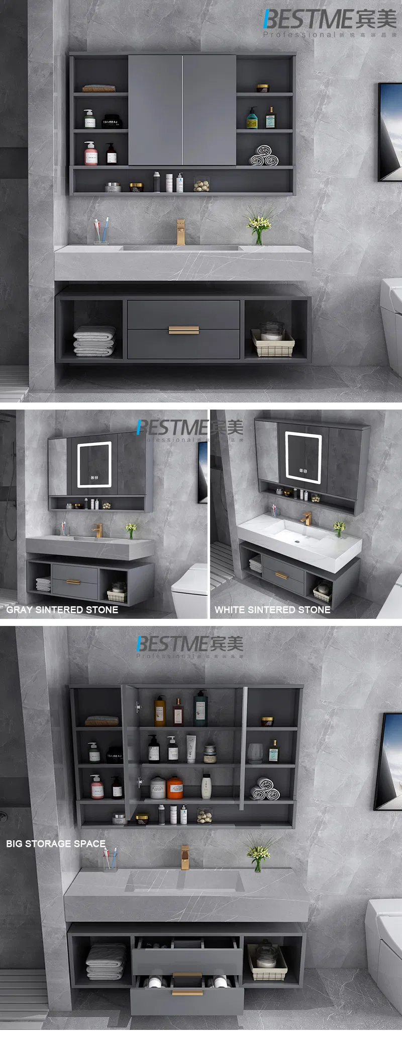 Guangdong Fatctoy ODM LED Smart Mirror Customized Size Sinterstone Basin Bathroom Vanity Cabinet (BY-X8005)