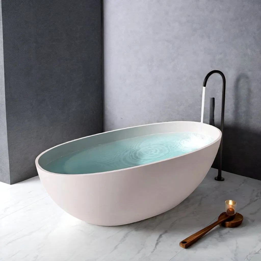 Interior Decoration European Modern Oval Smooth Freestanding Pure Acrylic Stone SPA Bathroom Bathtub Hot Tub for Family