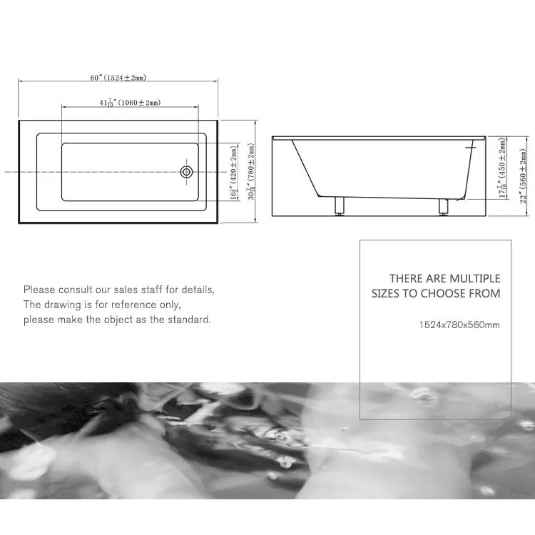 New Design Custom Recessed Bathroom Slim Acrylic 3 Side Skirt Bathtub