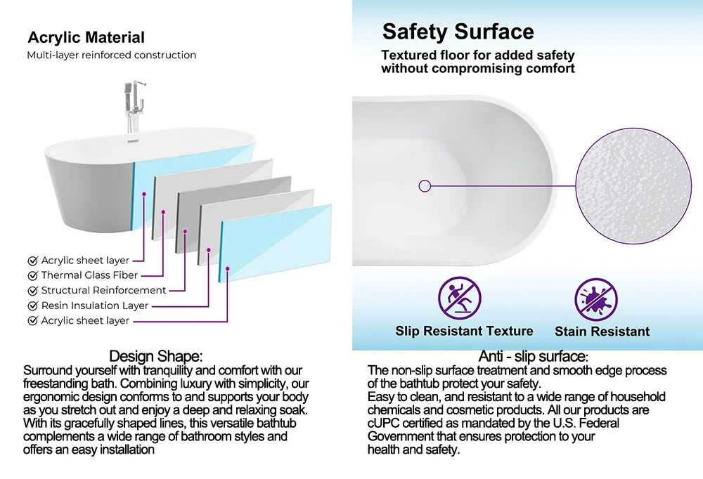 New Design Custom Recessed Bathroom Slim Acrylic 3 Side Skirt Bathtub