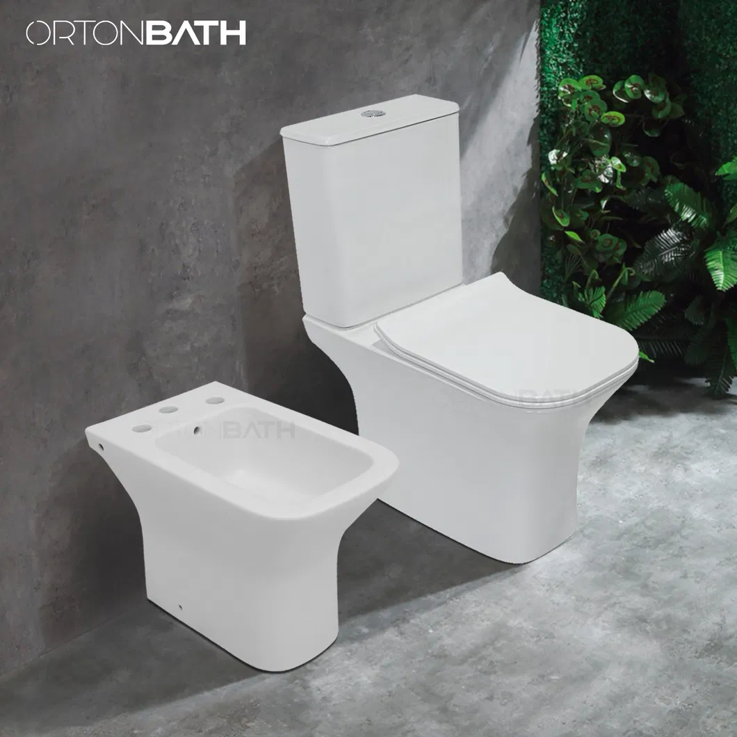 Ortonbath Modern Square Shape Ceramic Bathroom Toilet Suit Toilet Set Bathroom Set Toilet with Three Hole Argentina Bidet Toilet Bowl Set