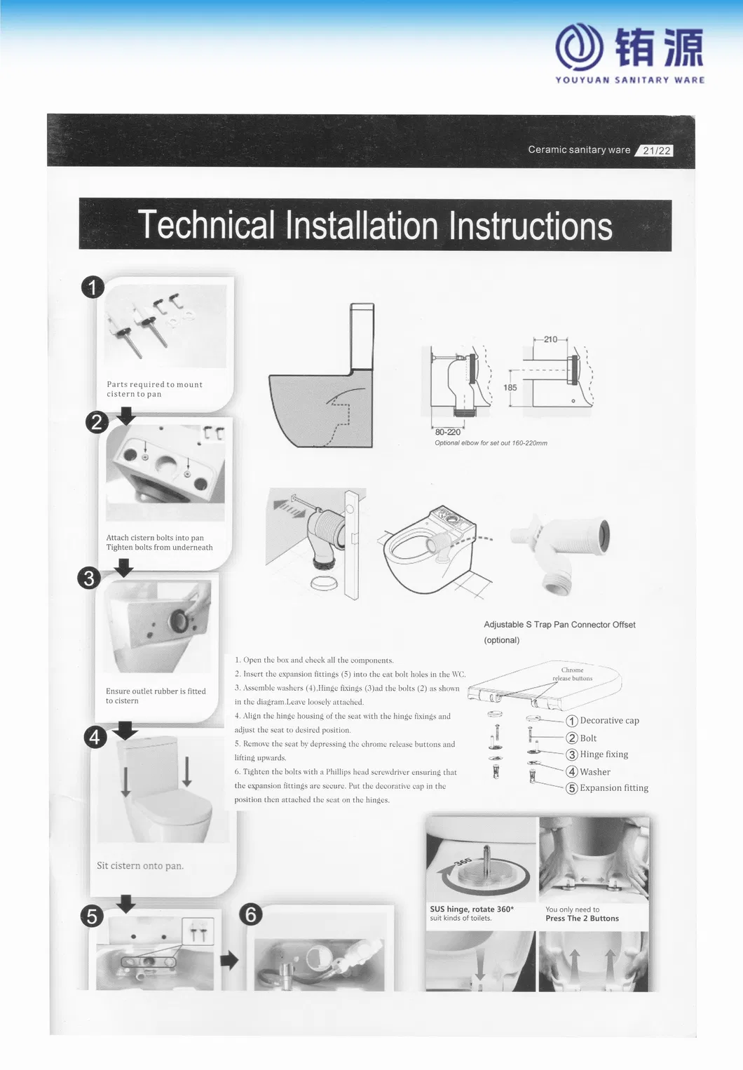 Watermark Toilet Ceramic Toilet Bowl P Trap Two Piece Toliet for Bathroom
