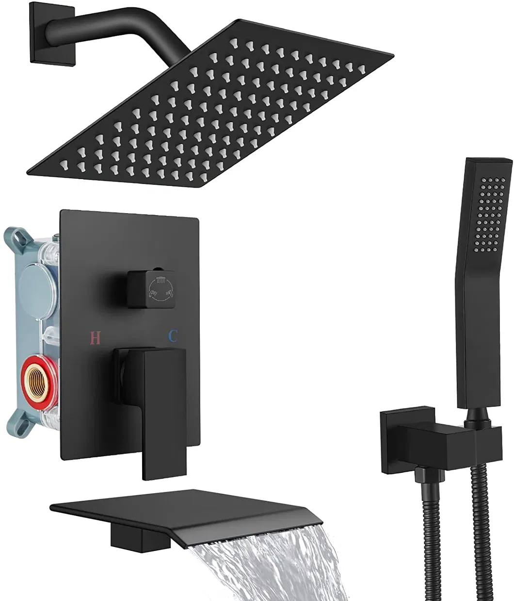 Rain Shower System Matte Black Tub Shower Faucet Set 8 Inch Square Rainfall Shower Head with Handheld Sprayer and Waterfall Tub Spout Pressure Balance Rough-in