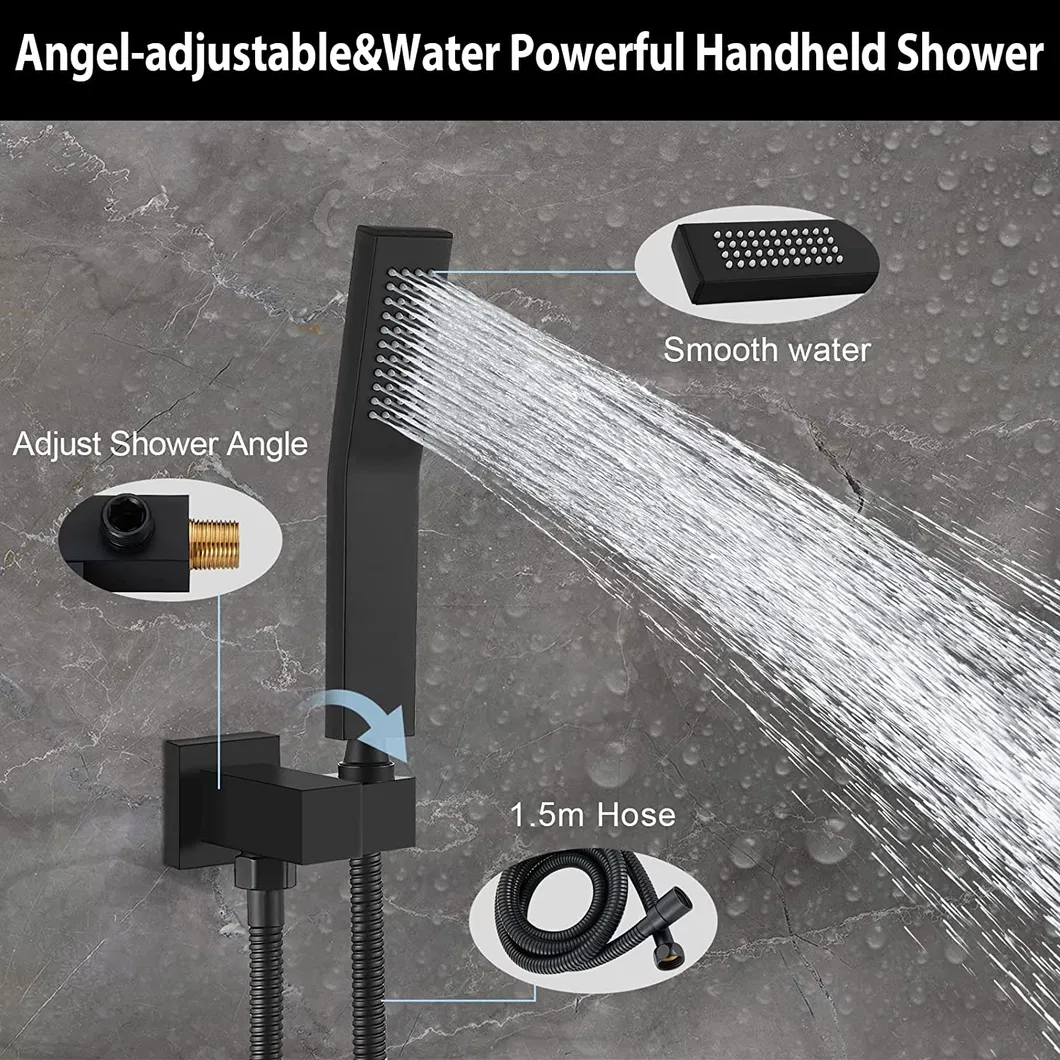Rain Shower System Matte Black Tub Shower Faucet Set 8 Inch Square Rainfall Shower Head with Handheld Sprayer and Waterfall Tub Spout Pressure Balance Rough-in