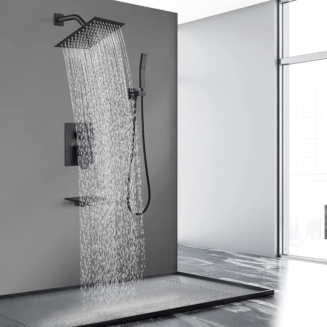 Rain Shower System Matte Black Tub Shower Faucet Set 8 Inch Square Rainfall Shower Head with Handheld Sprayer and Waterfall Tub Spout Pressure Balance Rough-in