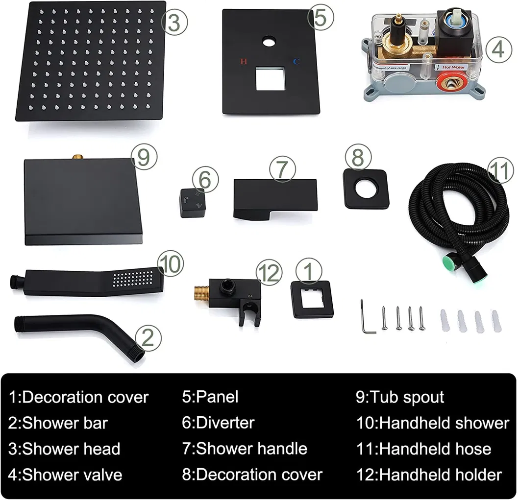Rain Shower System Matte Black Tub Shower Faucet Set 8 Inch Square Rainfall Shower Head with Handheld Sprayer and Waterfall Tub Spout Pressure Balance Rough-in