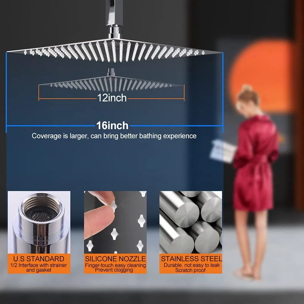 Ceiling Shower System -16 Inch Square Rain Shower Head with High Pressure Handheld and 3PCS Large Brass Full Body Spray Jets, Thermostatic Valve