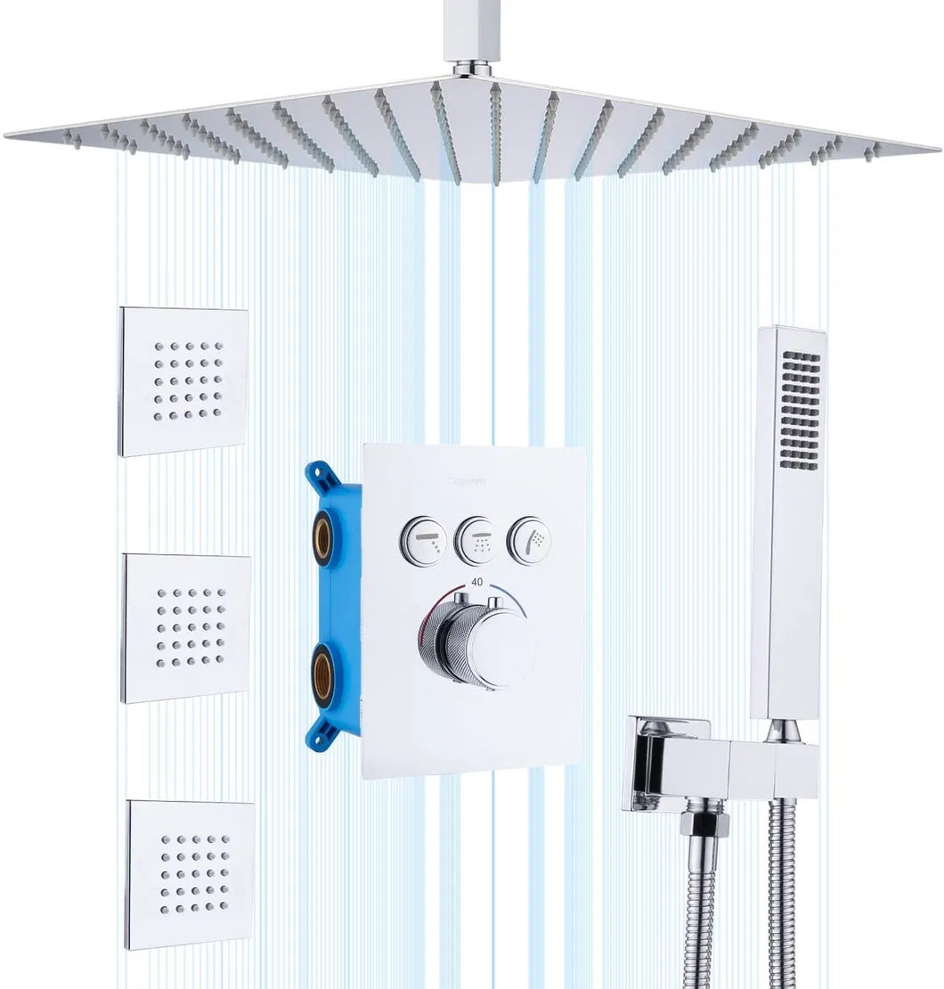 Ceiling Shower System -16 Inch Square Rain Shower Head with High Pressure Handheld and 3PCS Large Brass Full Body Spray Jets, Thermostatic Valve