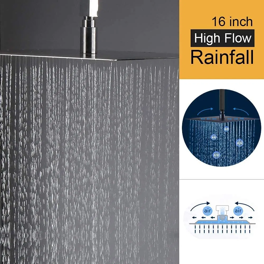 Ceiling Shower System -16 Inch Square Rain Shower Head with High Pressure Handheld and 3PCS Large Brass Full Body Spray Jets, Thermostatic Valve