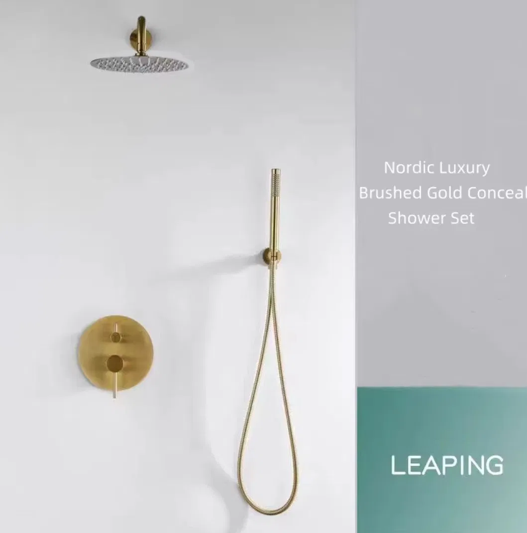 Modern Luxury Brush Gold Copper Rainfall Concealed Shower Set Round Shower Head for Bathroom