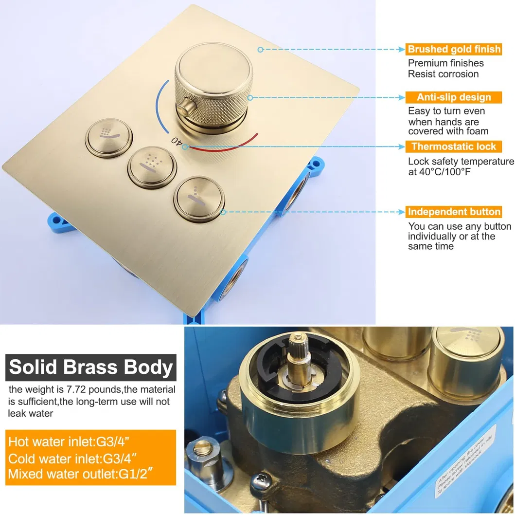 Shower System 12 Inch Ceiling LED Round Rain Shower Head with Handheld and Full Body Spray Jets, Thermostatic Control Valve, Shower Faucet Set Combination