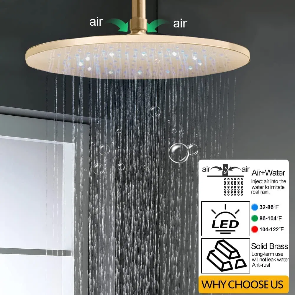 Shower System 12 Inch Ceiling LED Round Rain Shower Head with Handheld and Full Body Spray Jets, Thermostatic Control Valve, Shower Faucet Set Combination