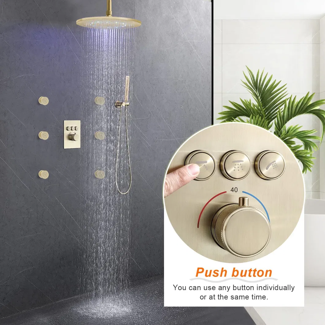 Shower System 12 Inch Ceiling LED Round Rain Shower Head with Handheld and Full Body Spray Jets, Thermostatic Control Valve, Shower Faucet Set Combination