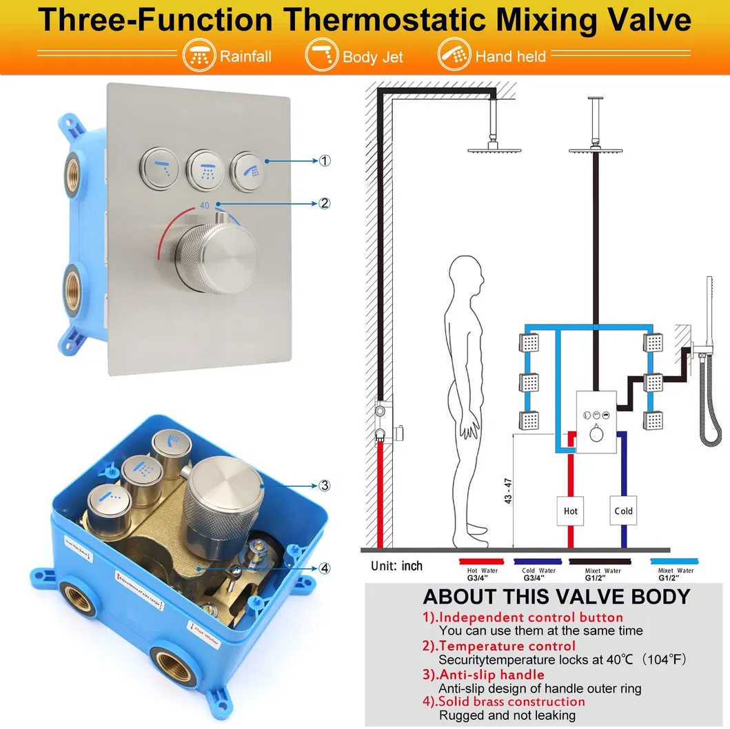 Wall Mount Shower System Brushed Nickel Thermostatic 12 Inch LED Rain Shower Head System with Body Jets, Can Use All Options at a Time