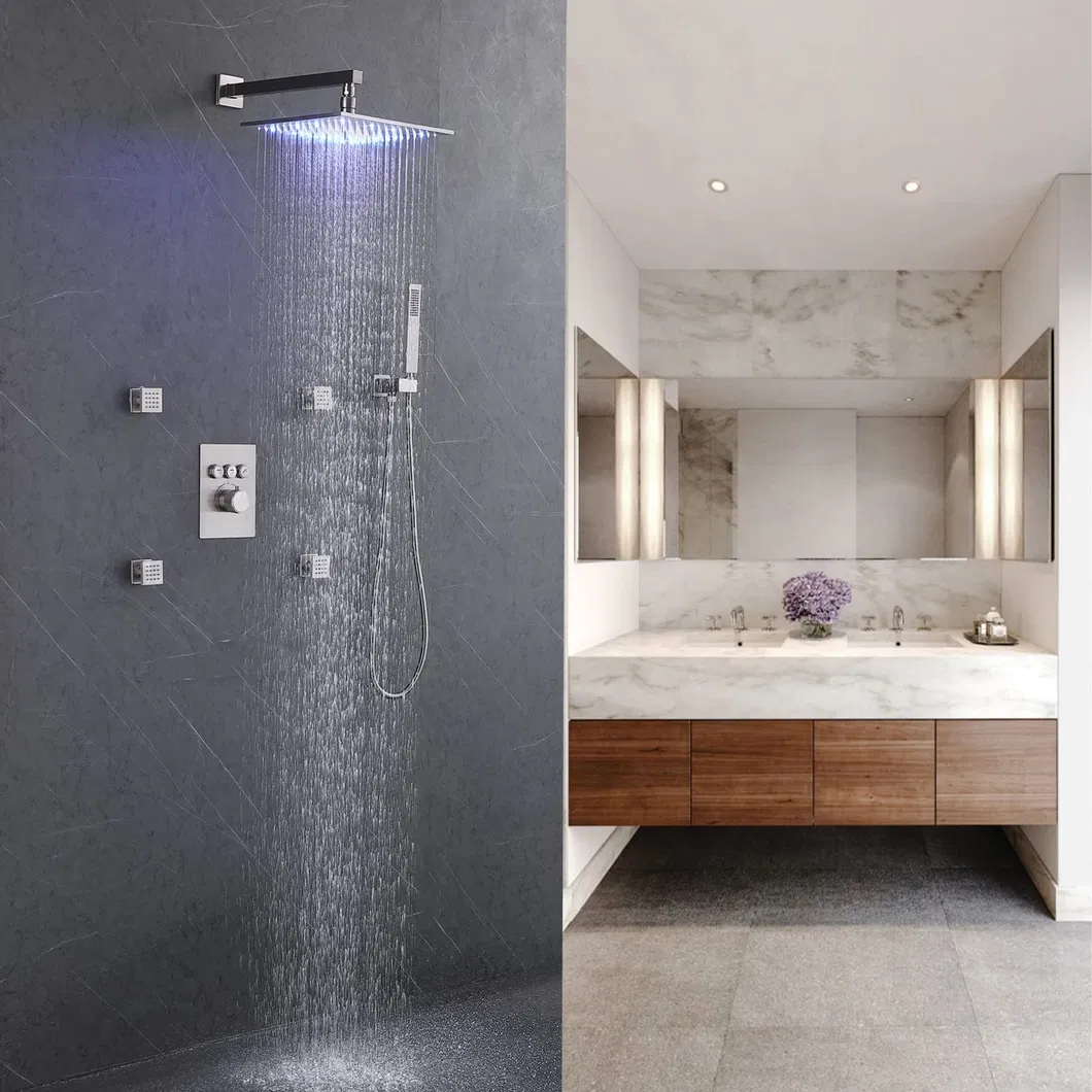 Wall Mount Shower System Brushed Nickel Thermostatic 12 Inch LED Rain Shower Head System with Body Jets, Can Use All Options at a Time