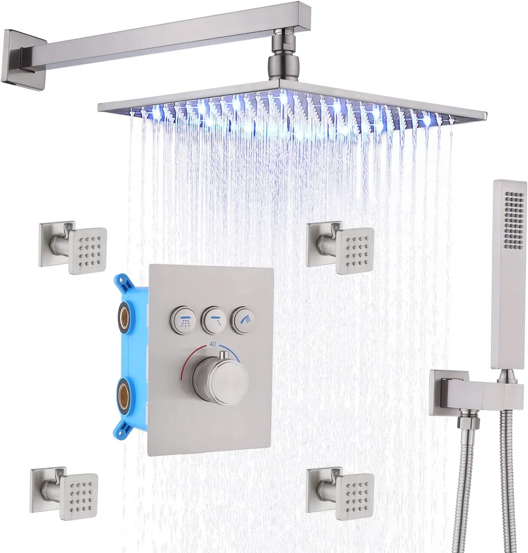 Wall Mount Shower System Brushed Nickel Thermostatic 12 Inch LED Rain Shower Head System with Body Jets, Can Use All Options at a Time