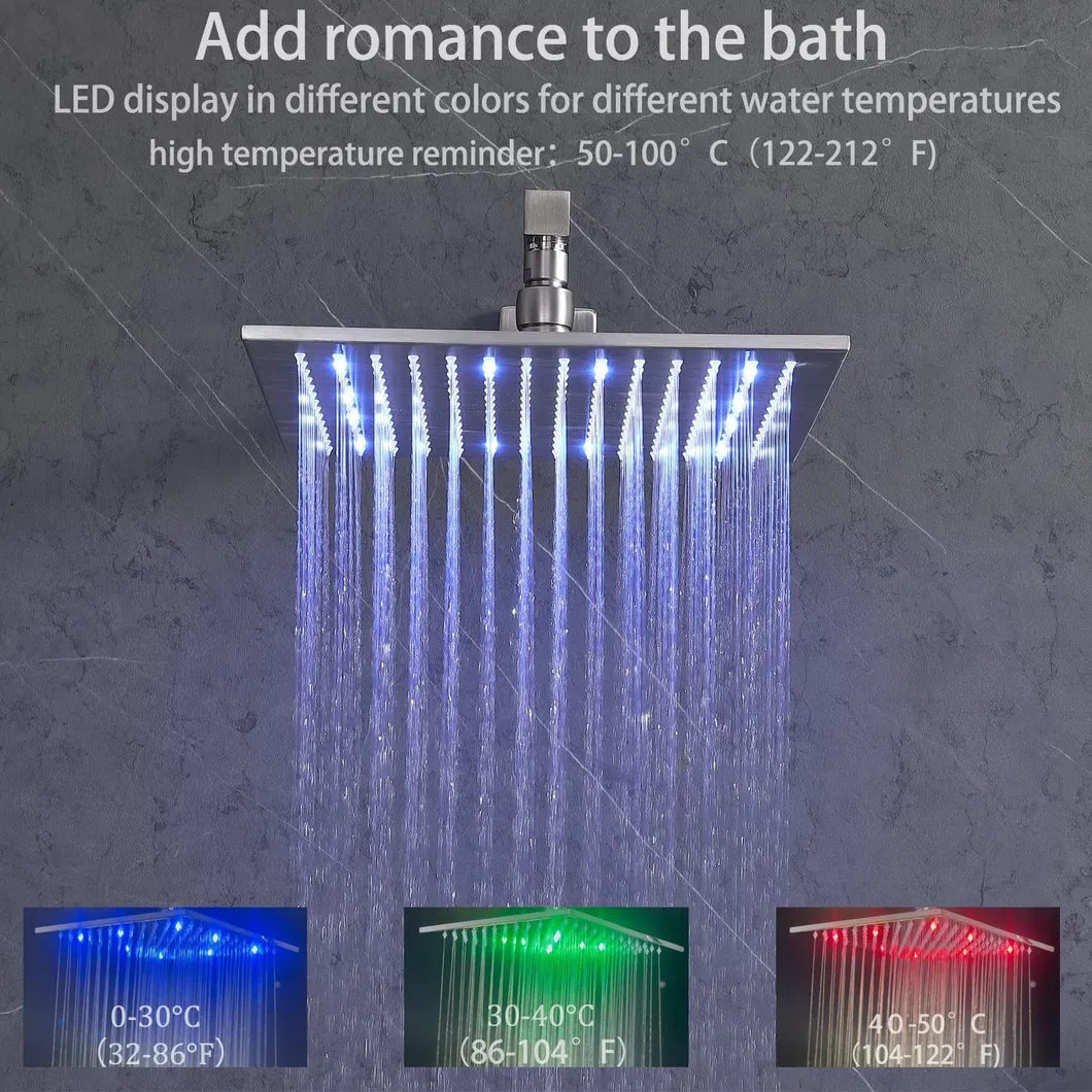 Wall Mount Shower System Brushed Nickel Thermostatic 12 Inch LED Rain Shower Head System with Body Jets, Can Use All Options at a Time