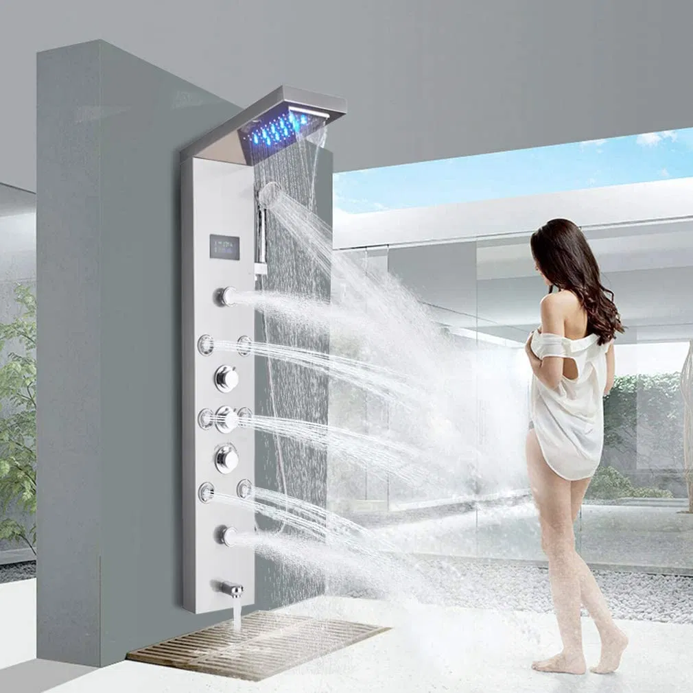 Contemporary Shower Panel Tower System Stainless Steel 6-Function Faucet LED Rainfall Waterfall Shower Head + Handheld Sprayer + Rain Massage Body Jets