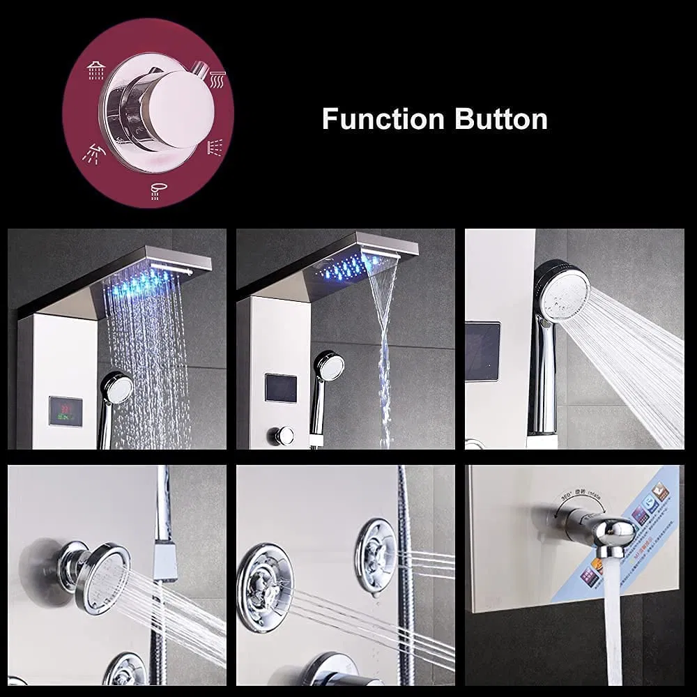 Contemporary Shower Panel Tower System Stainless Steel 6-Function Faucet LED Rainfall Waterfall Shower Head + Handheld Sprayer + Rain Massage Body Jets