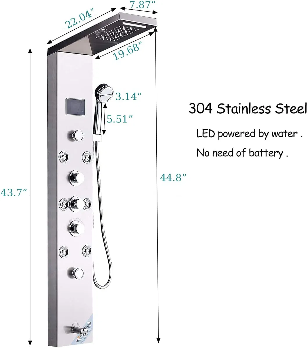 Contemporary Shower Panel Tower System Stainless Steel 6-Function Faucet LED Rainfall Waterfall Shower Head + Handheld Sprayer + Rain Massage Body Jets